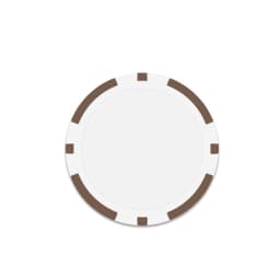 A round poker chip in white with brown accents on the edges. It features a logo in the centre.