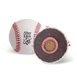 A white training baseball featuring red stitching and a logo, alongside a cutaway view revealing its inner construction.