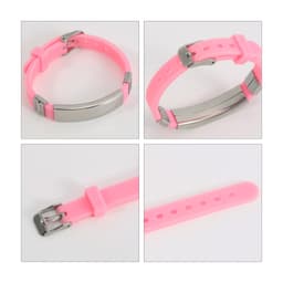 A pink metal bracelet featuring a sleek design with a silver clasp and adjustable strap.