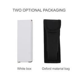 A packaging display featuring a white box and a black Oxford material bag for a camping cutlery tool.