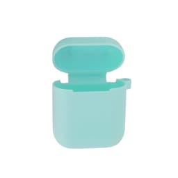 A mint green silicone protection case for AirPods, featuring an open lid and a loop for attachment.