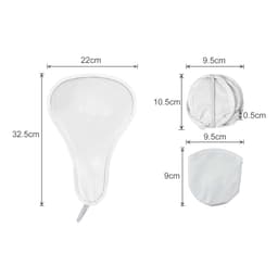 A foldable fan in white, displaying dimensions and featuring a compact design for easy storage.