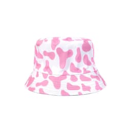 A pink and white bucket hat featuring a cow print design, with a simple logo on it.