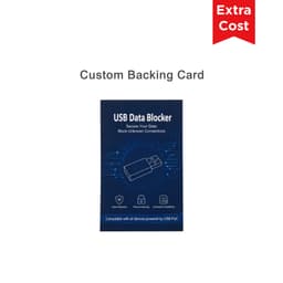 A USB data blocker on a custom backing card features a blue design with icons and a logo.