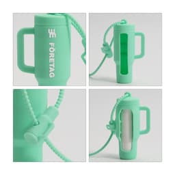 A mint green lip balm holder keychain with a handle and a transparent section, featuring a logo.