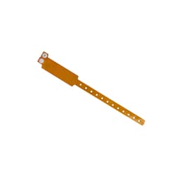 A reflective orange PVC wristband with holes for adjusting size and a branding area at one end.