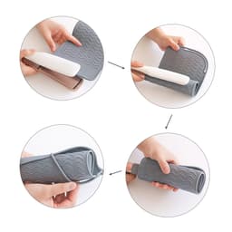 A grey silicone hair straightener pad with a white handle, shown being used in multiple steps.