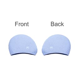 A premium silicone swimming cap in light blue, featuring a textured surface and a logo, displayed from front and back.
