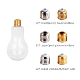 A drink bottle in a bulb shape, clear with a golden cap, accompanied by various metal bases in silver and gold.