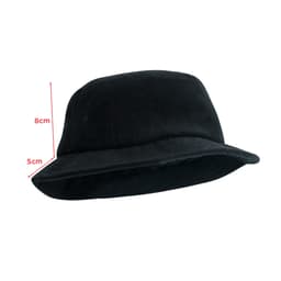 A black terry towelling bucket hat with a wide brim and soft texture, featuring a logo. Dimensions indicated.