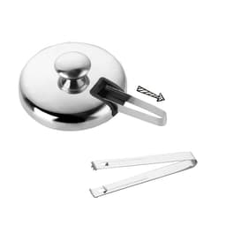 A stainless steel ice bucket with a lid and tongs, featuring a sleek design and a polished finish.