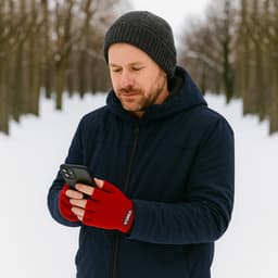 A man in a navy jacket and a grey beanie wears red fingerless gloves while using a smartphone in a snowy lane.