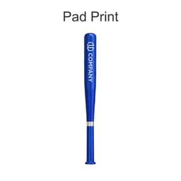 A blue plastic pen shaped like a baseball bat, featuring a logo on its side.