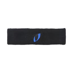 A black headband made of soft material, featuring a small blue logo.