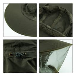 A green mosquito mesh hat featuring a wide brim and mesh panels for ventilation. It includes an adjustable chin strap.