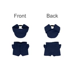 A plush doll racing suit set featuring a navy blue cap and shorts, displayed from front and back angles.