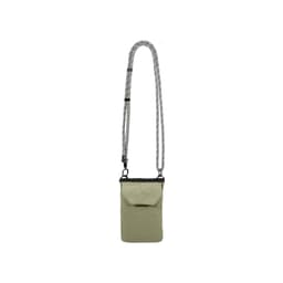 A minimalist crossbody phone bag in light green with a patterned strap and a small front pocket. It features a logo.