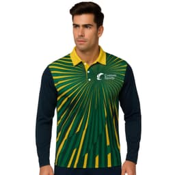 A long-sleeve polo shirt featuring a green and yellow design, with a navy blue base and a logo on the front.