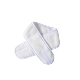 A white promotional headband with a soft texture and a velcro closure. It features a simple design with a logo.