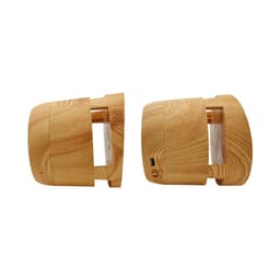 A wooden-textured Bluetooth speaker with a wireless charger feature, featuring a subtle branding logo.