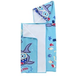 A blue, double-sided fleece hooded towel featuring whimsical ocean-themed characters and a logo.