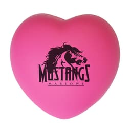 A pink heart-shaped stress reliever with a black logo featured on the front.
