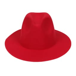 A red wide brim fedora hat with a smooth finish and a subtly rounded crown, featuring a logo.