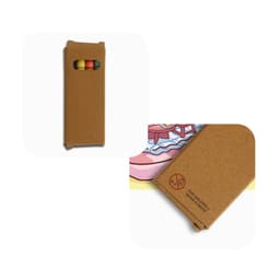 A 14x14cm custom colouring book with a brown cardboard cover and three coloured pencils included.