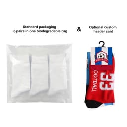 Knee high football socks with a towel bottom in red, blue, and white, featuring a logo and packaged in a biodegradable bag.