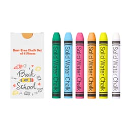 A chalk set featuring four sticks in pink, yellow, white, and orange, packaged in a box with a logo.