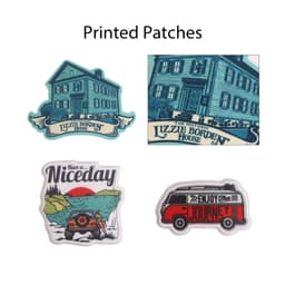 Custom woven patches displayed in various colours featuring a house, a vehicle, and scenic designs.