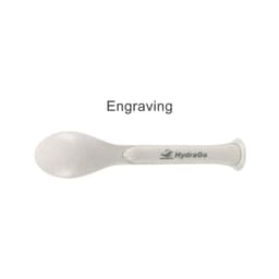 A portable spoon in grey with a textured handle and a logo. Perfect for a 3-in-1 utensils set.