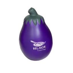 A purple eggplant-shaped stress reliever with a green stem and a logo on it.