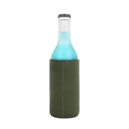 A drink bottle in a green skinny stubby holder, featuring a logo. The bottle contains a light blue beverage.