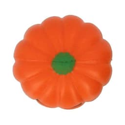 An orange pumpkin-shaped stress reliever with a green stem, featuring a smiling face design.