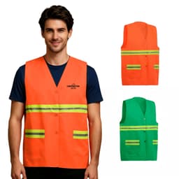 Hi-Vis reflective button-down safety vests in orange and green, featuring pockets and reflective stripes.