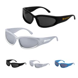 Wraparound sunglasses in black and white with tinted lenses, featuring a logo on the white pair.
