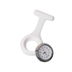 A white silicone nurse watch with a circular face displaying nurse symbols and numbers.