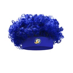 A blue afro headband wig with vibrant, curly hair and a logo on the band.