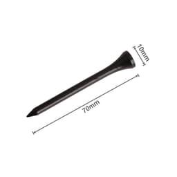 A bamboo golf tee in black, measuring 70mm in length and 10mm in width, featuring a logo.