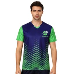 A unisex adult T-shirt featuring a blue body with green sleeves and a geometric design. It includes a logo.