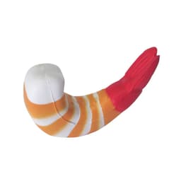 A shrimp-shaped stress reliever in white and orange with red details, designed for fun and stress relief.