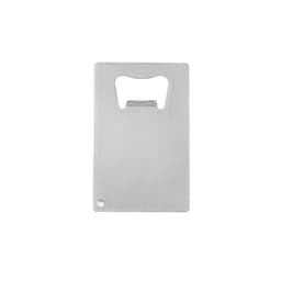 A drink bottle opener in a sleek silver card shape, featuring a rounded cut-out and a hole for attachment.