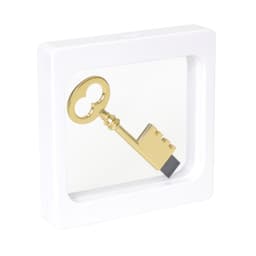 A gold key displayed within a white square floating box with a transparent front. The box has a sleek design.