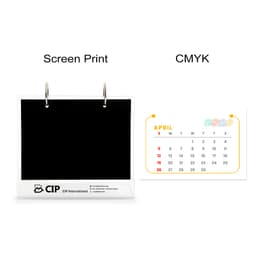Acrylic desk calendar and photo album organiser in white, featuring a black display section and a colourful calendar.