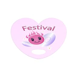A heart-shaped pink fan featuring a smiling character and discs, with floral accents and a branding logo.