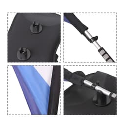 A Teardrop Backpack Flag featuring a black panel, blue fabric, and adjustable metal fittings. It also includes a logo.