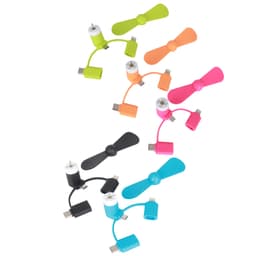 A collection of 3 in 1 smartphone fans in various colours, including black, pink, green, orange, and blue, with connectors.