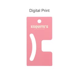 A pink card with cut-out shapes, featuring a logo and a hole for hanging.