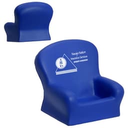 A blue stress reliever shaped like a chair, featuring a logo on one side. Suitable for stress relief and fun.